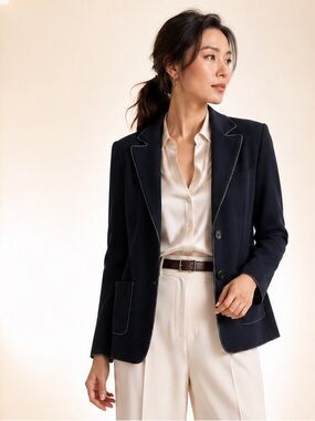 Marc Cain Midnight Navy Virgin Wool Knit Blazer Lurex Trim Sz N2/US Size 4